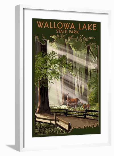 Wallowa Lake State Park, Oregon - Deer and Fawn-Lantern Press-Framed Art Print