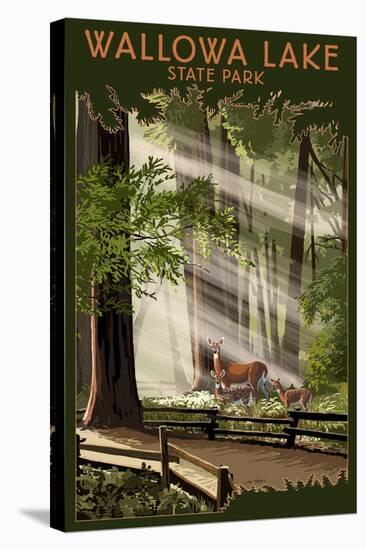 Wallowa Lake State Park, Oregon - Deer and Fawn-Lantern Press-Stretched Canvas
