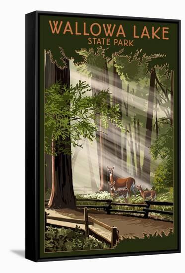 Wallowa Lake State Park, Oregon - Deer and Fawn-Lantern Press-Framed Stretched Canvas