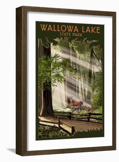 Wallowa Lake State Park, Oregon - Deer and Fawn-Lantern Press-Framed Art Print