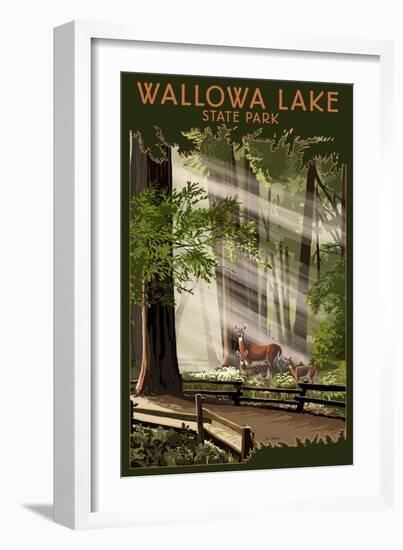 Wallowa Lake State Park, Oregon - Deer and Fawn-Lantern Press-Framed Art Print