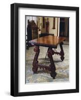 Walnut Table with Carved Legs and Lyre-Shaped Reinforcements in Wrought Iron, Spain-null-Framed Giclee Print