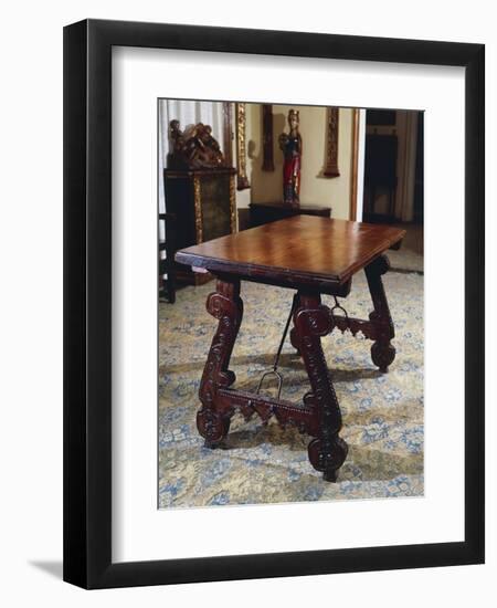 Walnut Table with Carved Legs and Lyre-Shaped Reinforcements in Wrought Iron, Spain-null-Framed Giclee Print