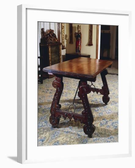 Walnut Table with Carved Legs and Lyre-Shaped Reinforcements in Wrought Iron, Spain-null-Framed Giclee Print