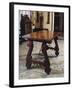 Walnut Table with Carved Legs and Lyre-Shaped Reinforcements in Wrought Iron, Spain-null-Framed Giclee Print