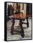 Walnut Table with Carved Legs and Lyre-Shaped Reinforcements in Wrought Iron, Spain-null-Framed Stretched Canvas