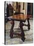 Walnut Table with Carved Legs and Lyre-Shaped Reinforcements in Wrought Iron, Spain-null-Stretched Canvas