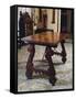 Walnut Table with Carved Legs and Lyre-Shaped Reinforcements in Wrought Iron, Spain-null-Framed Stretched Canvas