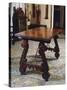 Walnut Table with Carved Legs and Lyre-Shaped Reinforcements in Wrought Iron, Spain-null-Stretched Canvas