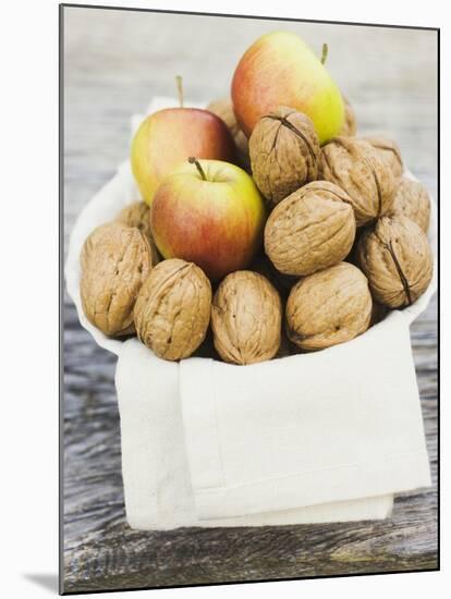 Walnuts and Apples on Cloth in White Bowl-null-Mounted Photographic Print