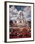 Walt Disney Characters and Park Staff Posing En Masse in Front of Cinderella's Castle-Yale Joel-Framed Photographic Print