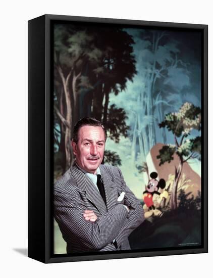 Walt Disney Posing Against Landscape Backdrop Containing Mickey Mouse-Alfred Eisenstaedt-Framed Stretched Canvas