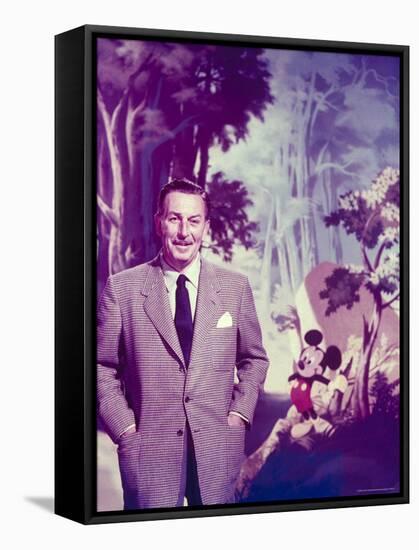 Walt Disney Posing Against Landscape Backdrop Containing Mickey Mouse-Alfred Eisenstaedt-Framed Stretched Canvas