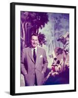 Walt Disney Posing Against Landscape Backdrop Containing Mickey Mouse-Alfred Eisenstaedt-Framed Premium Photographic Print