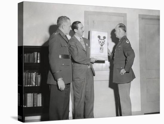 Walt Disney Showing a Sketch of Mickey Mouse Gas Mask to Chemical Warfare Officer-null-Stretched Canvas