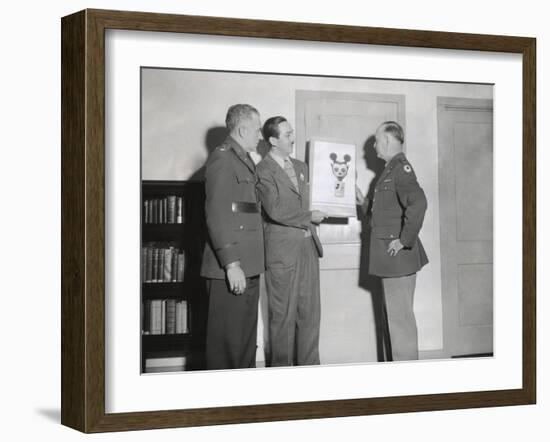 Walt Disney Showing a Sketch of Mickey Mouse Gas Mask to Chemical Warfare Officer-null-Framed Photo