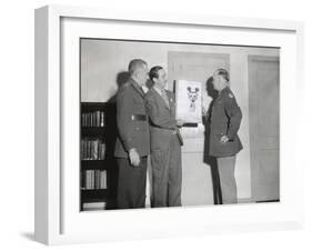 Walt Disney Showing a Sketch of Mickey Mouse Gas Mask to Chemical Warfare Officer-null-Framed Photo