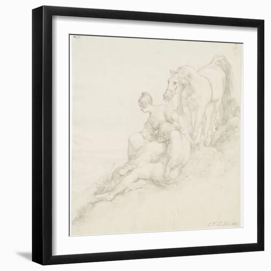 Walter and Hildegunde Resting on the Flight, 1831 (Brush & Blue Wash and Pencil on Paper)-Carl Friedrich Lessing-Framed Premium Giclee Print