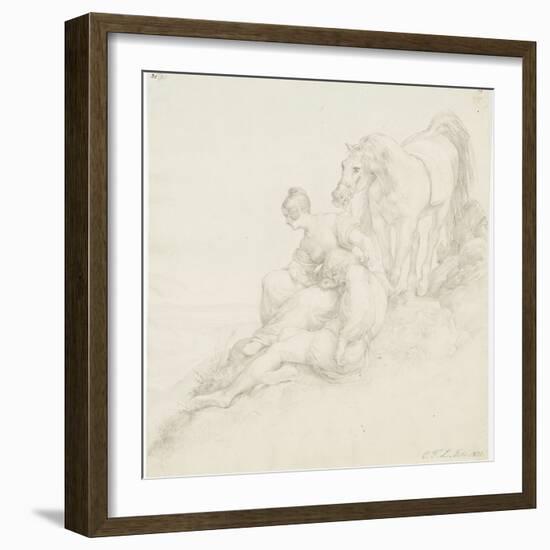 Walter and Hildegunde Resting on the Flight, 1831 (Brush & Blue Wash and Pencil on Paper)-Carl Friedrich Lessing-Framed Giclee Print