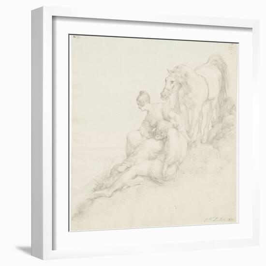 Walter and Hildegunde Resting on the Flight, 1831 (Brush & Blue Wash and Pencil on Paper)-Carl Friedrich Lessing-Framed Giclee Print