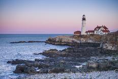 USA, Maine, York Beach, Nubble Light Lighthouse with Christmas decorations, dusk-Walter Bibikw-Framed Photographic Print