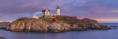 USA, Maine, York Beach, Nubble Light Lighthouse with Christmas decorations, dusk-Walter Bibikw-Framed Photographic Print