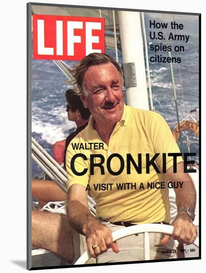 Walter Cronkite at Wheel of Boat, March 26, 1971-Leonard Mccombe-Mounted Photographic Print