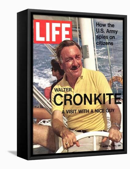 Walter Cronkite at Wheel of Boat, March 26, 1971-Leonard Mccombe-Framed Stretched Canvas