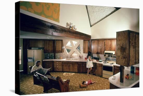 Walter Scale in the Kitchen of His Geodesic Dome House with His Children-John Dominis-Stretched Canvas