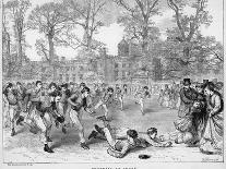 At Rugby School a Crowd of Schoolboys Run after the Ball at Rugby-Walter Thomas-Framed Stretched Canvas