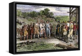 Wampanoag Leader Massasoit Visiting Colonists at Plymouth, 1620s-null-Framed Stretched Canvas