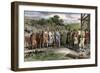 Wampanoag Leader Massasoit Visiting Colonists at Plymouth, 1620s-null-Framed Giclee Print