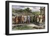 Wampanoag Leader Massasoit Visiting Colonists at Plymouth, 1620s-null-Framed Giclee Print