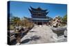 Wanjuan Pavilion at Mufu Wood Mansion with Lined Up Potted Bonsai and Rocks, Lijiang, Yunnan-Andreas Brandl-Stretched Canvas