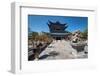 Wanjuan Pavilion at Mufu Wood Mansion with Lined Up Potted Bonsai and Rocks, Lijiang, Yunnan-Andreas Brandl-Framed Photographic Print