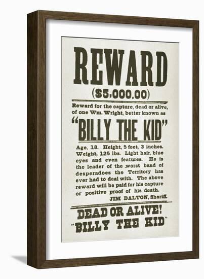 Wanted Poster for Billy the Kid Offering $5000 Dollars Reward, 1880s-null-Framed Art Print