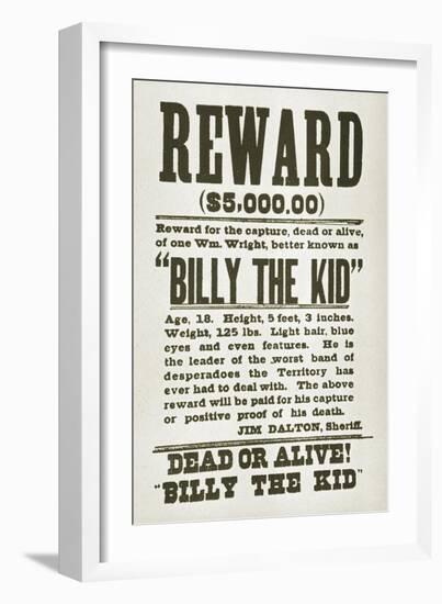 Wanted Poster for Billy the Kid Offering $5000 Dollars Reward, 1880s-null-Framed Art Print