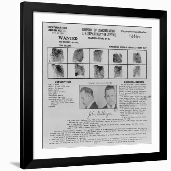 Wanted Poster for John Dillinger, 1934-null-Framed Art Print