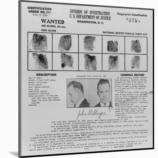 Wanted Poster for John Dillinger, 1934-null-Mounted Art Print