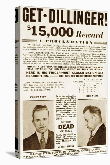 Wanted Poster for John Dillinger, Offering $15,000 for His Capture. 1934-null-Stretched Canvas