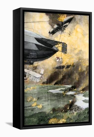 War in the Air as Imagined in 1909: a Dirigible, Biplane, Anti-Aircraft Fire, Bombs-null-Framed Stretched Canvas