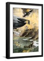 War in the Air as Imagined in 1909: a Dirigible, Biplane, Anti-Aircraft Fire, Bombs-null-Framed Giclee Print