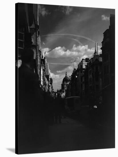 War Plane Contrails in the London Sky-null-Stretched Canvas