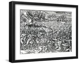 War Scene, Brazil from 'Singularities of France Antarctique', by Andre De Thevet, 1558-null-Framed Giclee Print