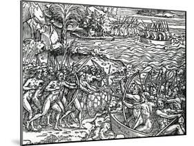 War Scene, Brazil from 'Singularities of France Antarctique', by Andre De Thevet, 1558-null-Mounted Giclee Print