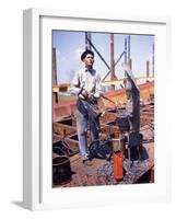 War Worker Holding Red Hot Metal Piece with Tongs at Shipyard-George Strock-Framed Premium Photographic Print