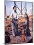 War Worker Holding Red Hot Metal Piece with Tongs at Shipyard-George Strock-Mounted Premium Photographic Print