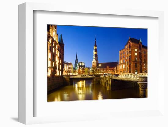 Warehouse District ( Speicherstadt ) of Hamburg at Night with View towards the City Center Includin-Inga Nielsen-Framed Photographic Print