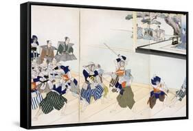 Warlord Watches Samurai Practising their Swordplay (Colour Woodblock Print)-Japanese-Framed Stretched Canvas