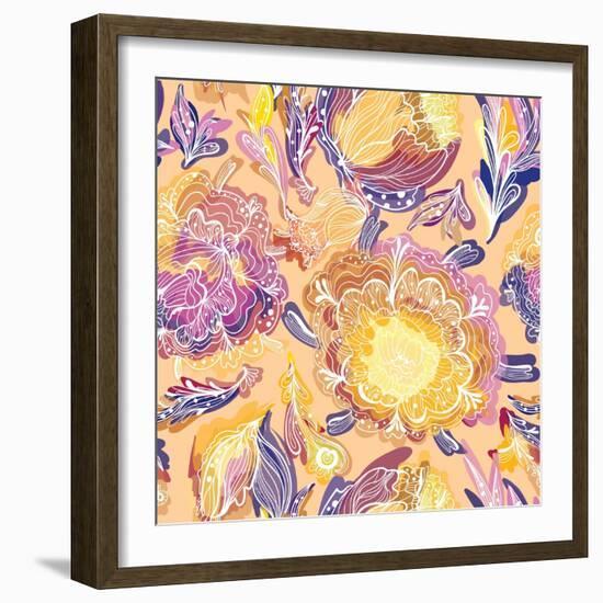 Warm Beige Sand Colored Vector Seamless Background with Sketch Flowers-Anna Komissarenko-Framed Photographic Print